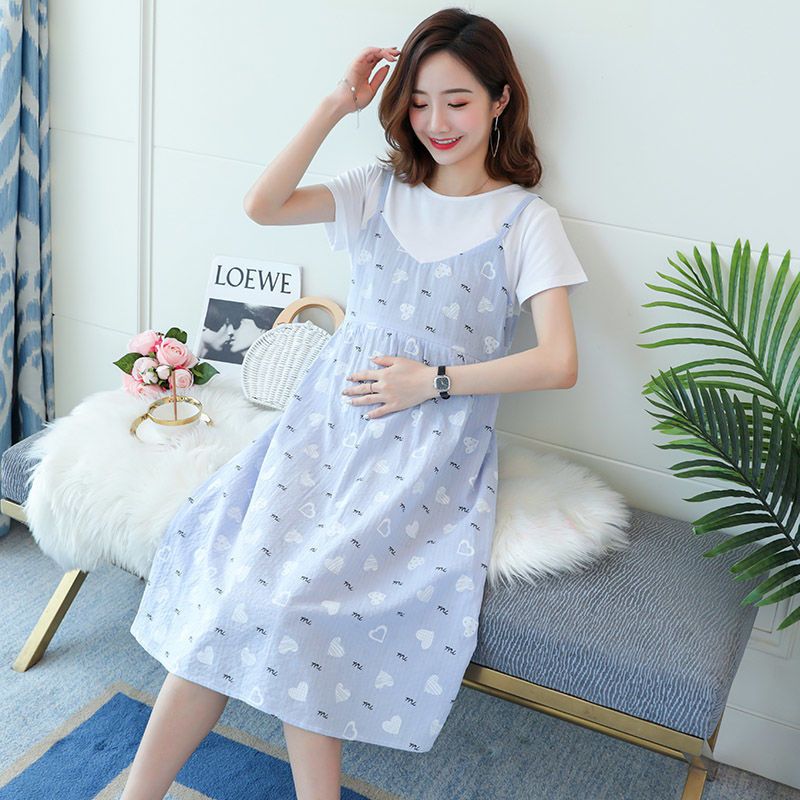 2025 New Pregnant Women's Dress Summer,Thin Pregnant Mother Fake Two Long Skirts,Large Size Long Knee Over Skirt,Cute Strawberry Print,Sweet and Vitality during Pregnancy,Comfortable and Age reducing