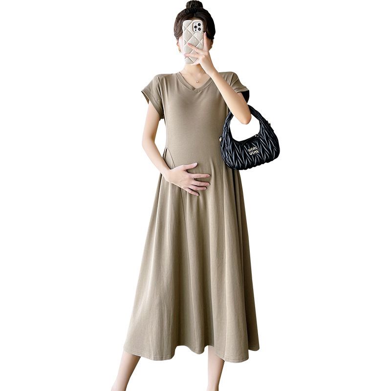 2025 new pregnant women's dress, summer internet celebrity V-neck fashionable temperament waist cinching slimming and covering belly A-line, Kenya Fashion Maternity Outfit, Show Temperament,Versatile