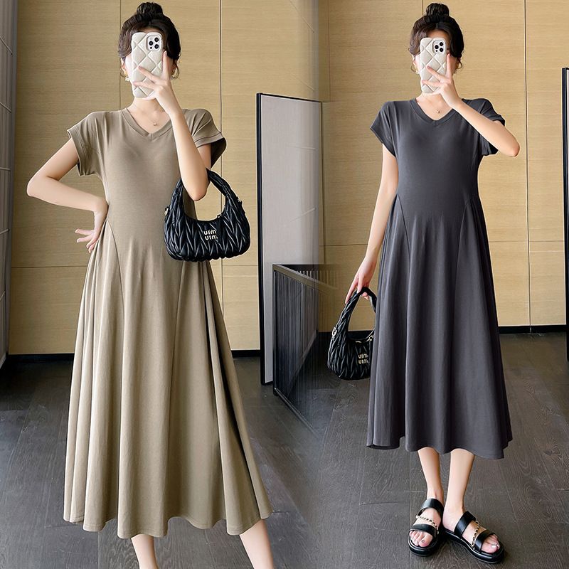 2025 new pregnant women's dress, summer internet celebrity V-neck fashionable temperament waist cinching slimming and covering belly A-line, Kenya Fashion Maternity Outfit, Show Temperament,Versatile