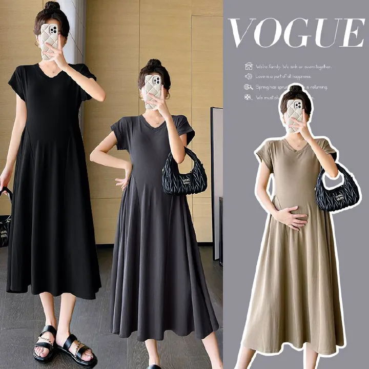 2025 new pregnant women's dress, summer internet celebrity V-neck fashionable temperament waist cinching slimming and covering belly A-line, Kenya Fashion Maternity Outfit, Show Temperament,Versatile