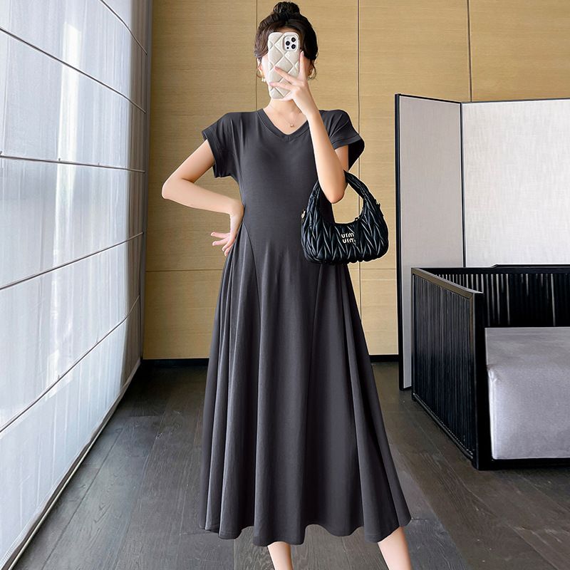 2025 new pregnant women's dress, summer internet celebrity V-neck fashionable temperament waist cinching slimming and covering belly A-line, Kenya Fashion Maternity Outfit, Show Temperament,Versatile