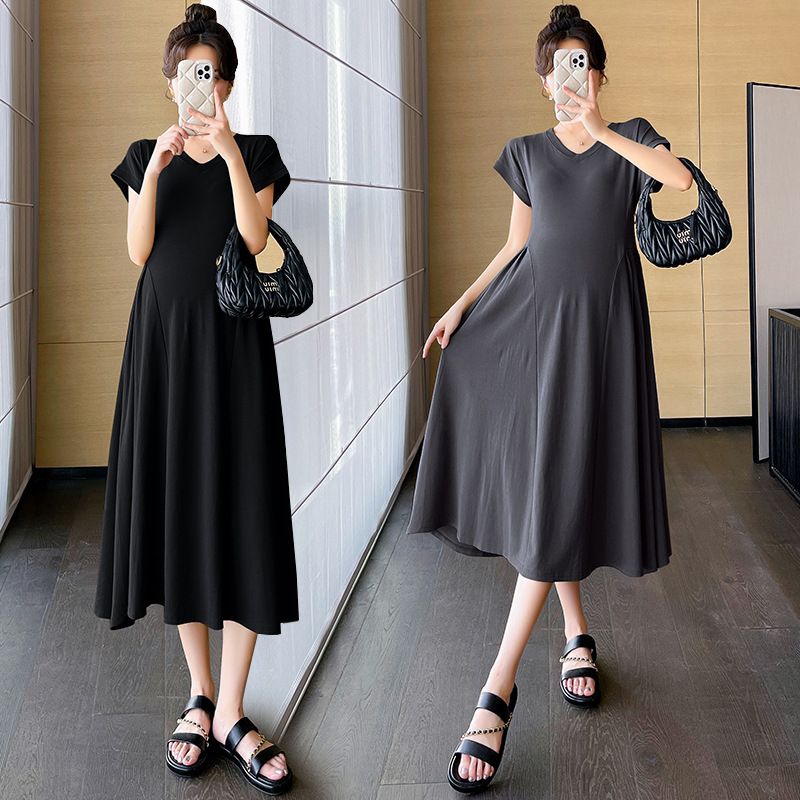 2025 new pregnant women's dress, summer internet celebrity V-neck fashionable temperament waist cinching slimming and covering belly A-line, Kenya Fashion Maternity Outfit, Show Temperament,Versatile
