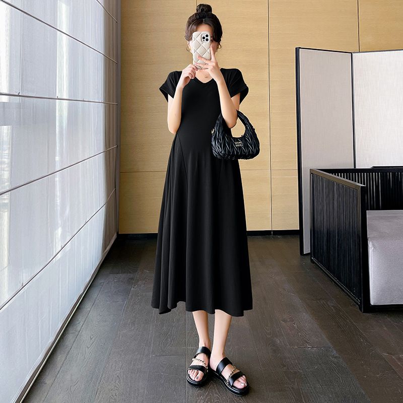 2025 new pregnant women's dress, summer internet celebrity V-neck fashionable temperament waist cinching slimming and covering belly A-line, Kenya Fashion Maternity Outfit, Show Temperament,Versatile