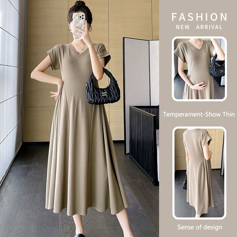 2025 new pregnant women's dress, summer internet celebrity V-neck fashionable temperament waist cinching slimming and covering belly A-line, Kenya Fashion Maternity Outfit, Show Temperament,Versatile