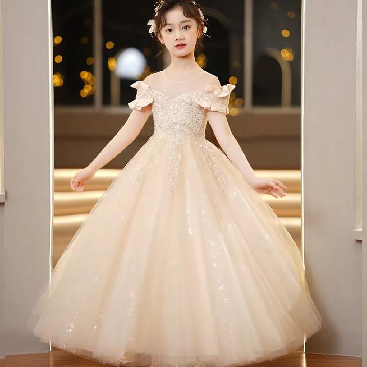 Children's dress princess dress,light luxury high-end long bridal dress for runway shows,soft comfortable fabric,Let Your Little One Shine in Kenya!Off-the-Shoulder Sparkling Princess Dress with Crown