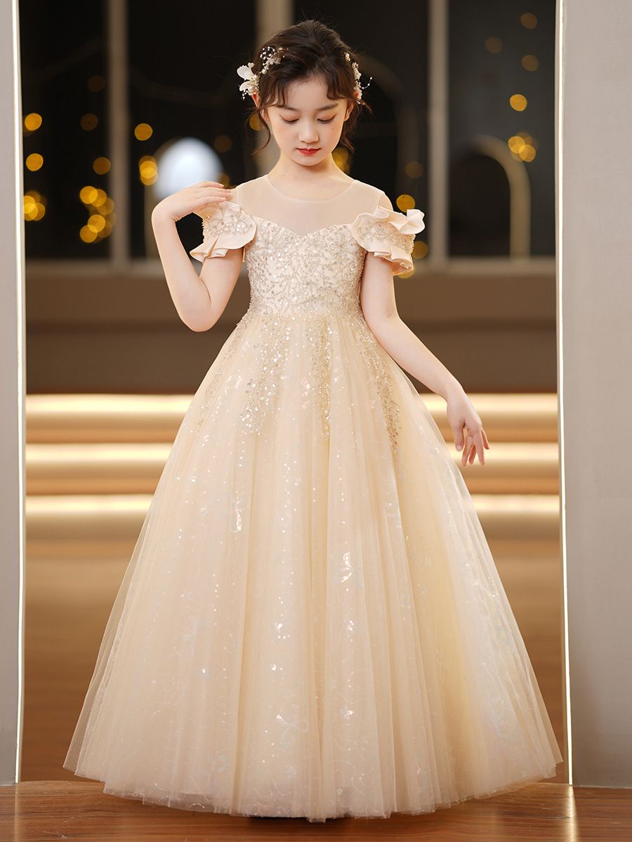 Children's dress princess dress,light luxury high-end long bridal dress for runway shows,soft comfortable fabric,Let Your Little One Shine in Kenya!Off-the-Shoulder Sparkling Princess Dress with Crown