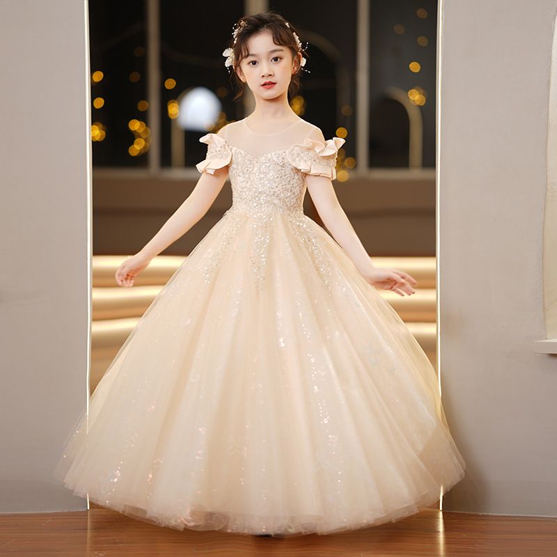 Children's dress princess dress,light luxury high-end long bridal dress for runway shows,soft comfortable fabric,Let Your Little One Shine in Kenya!Off-the-Shoulder Sparkling Princess Dress with Crown