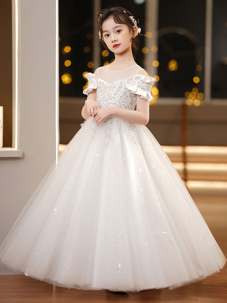 Children's dress princess dress,light luxury high-end long bridal dress for runway shows,soft comfortable fabric,Let Your Little One Shine in Kenya!Off-the-Shoulder Sparkling Princess Dress with Crown