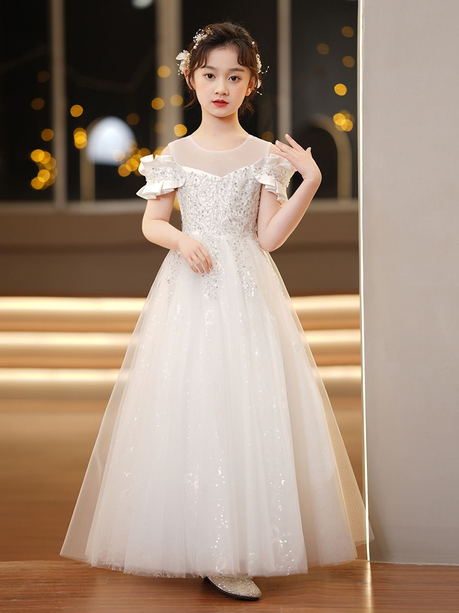 Children's dress princess dress,light luxury high-end long bridal dress for runway shows,soft comfortable fabric,Let Your Little One Shine in Kenya!Off-the-Shoulder Sparkling Princess Dress with Crown