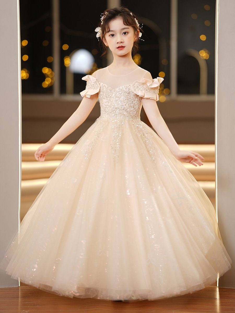 Children's dress princess dress,light luxury high-end long bridal dress for runway shows,soft comfortable fabric,Let Your Little One Shine in Kenya!Off-the-Shoulder Sparkling Princess Dress with Crown