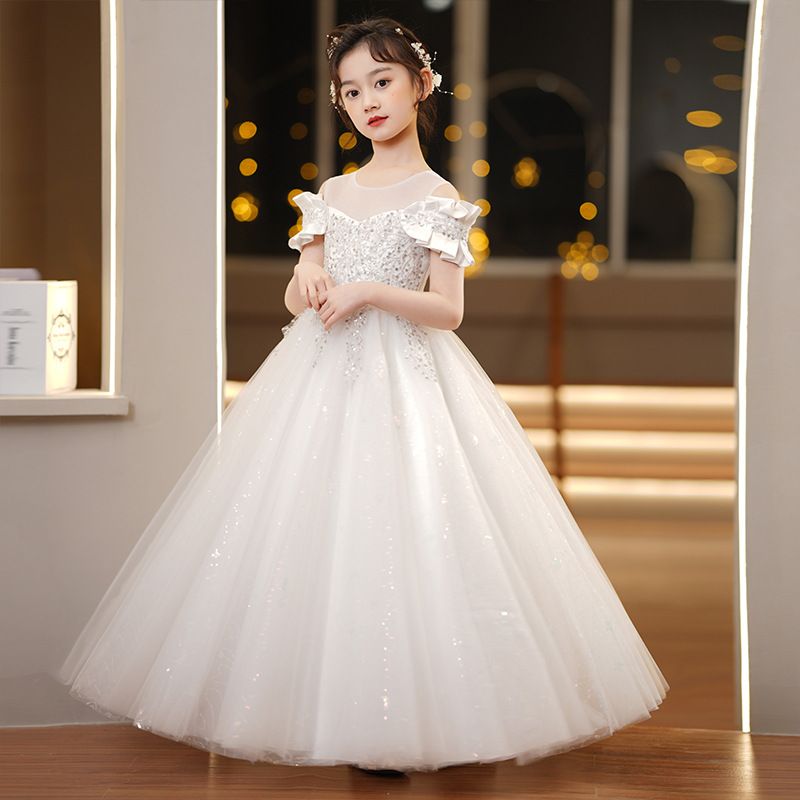 Children's dress princess dress,light luxury high-end long bridal dress for runway shows,soft comfortable fabric,Let Your Little One Shine in Kenya!Off-the-Shoulder Sparkling Princess Dress with Crown