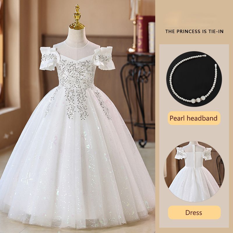 Children's dress princess dress,light luxury high-end long bridal dress for runway shows,soft comfortable fabric,Let Your Little One Shine in Kenya!Off-the-Shoulder Sparkling Princess Dress with Crown
