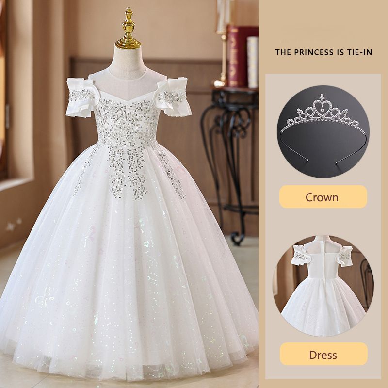Children's dress princess dress,light luxury high-end long bridal dress for runway shows,soft comfortable fabric,Let Your Little One Shine in Kenya!Off-the-Shoulder Sparkling Princess Dress with Crown