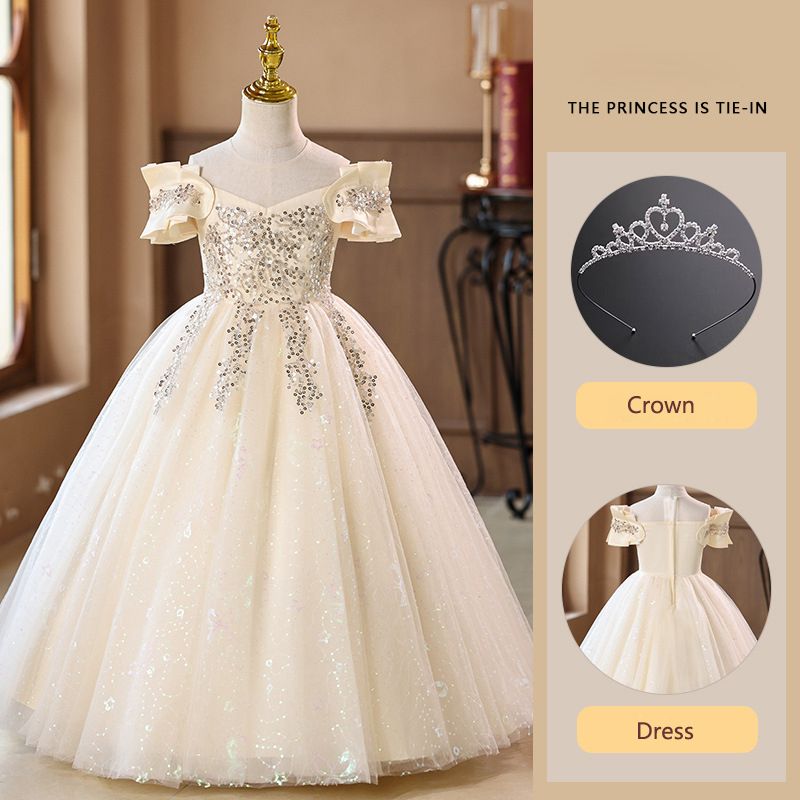 Children's dress princess dress,light luxury high-end long bridal dress for runway shows,soft comfortable fabric,Let Your Little One Shine in Kenya!Off-the-Shoulder Sparkling Princess Dress with Crown