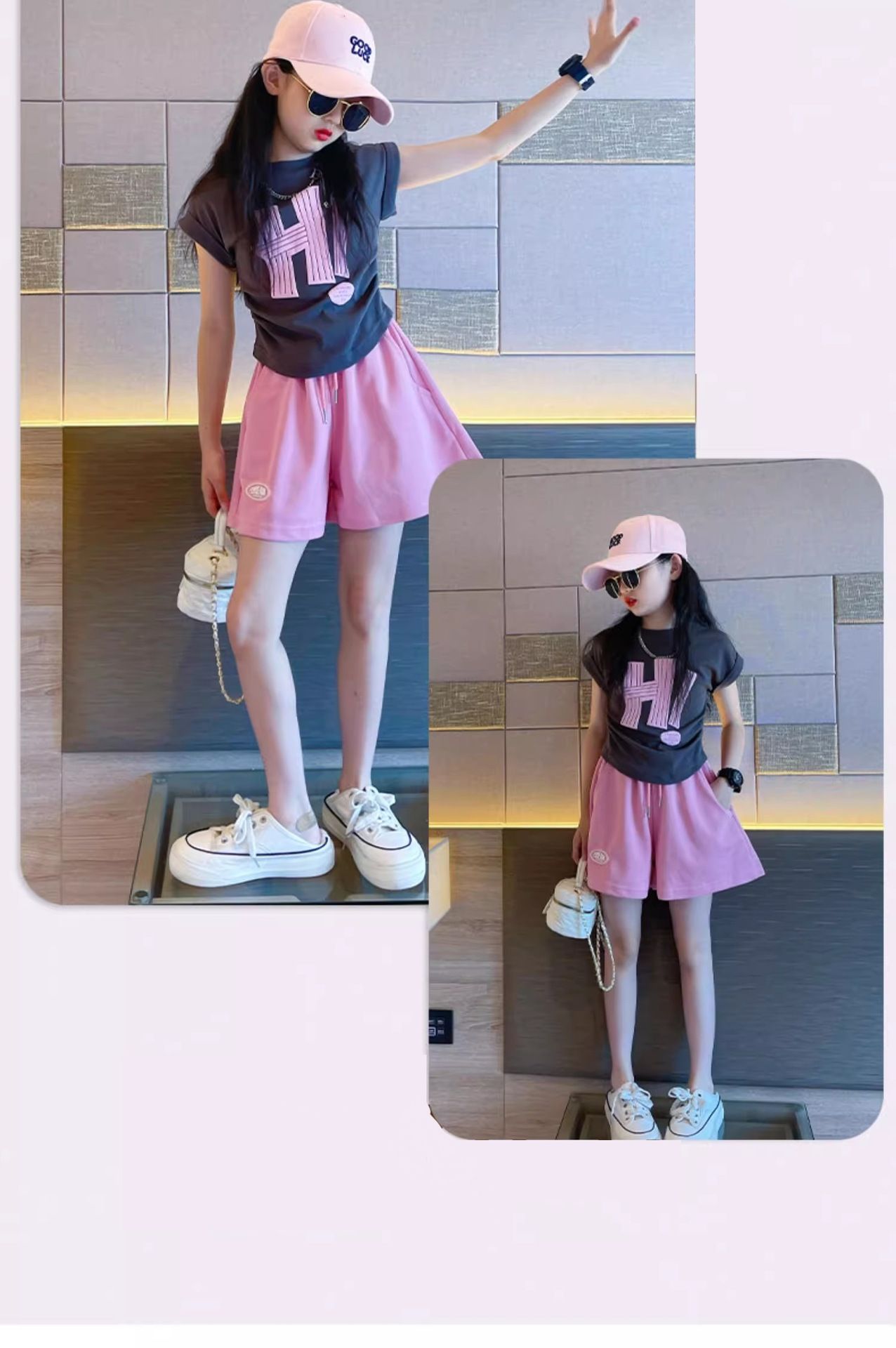 New girls' sweet set,2025 new mid to large children's stylish two-piece set,letter short sleeved shorts,soft comfortable fabric,Shine in Style!Let Your Little One Stand Out in Kenya!