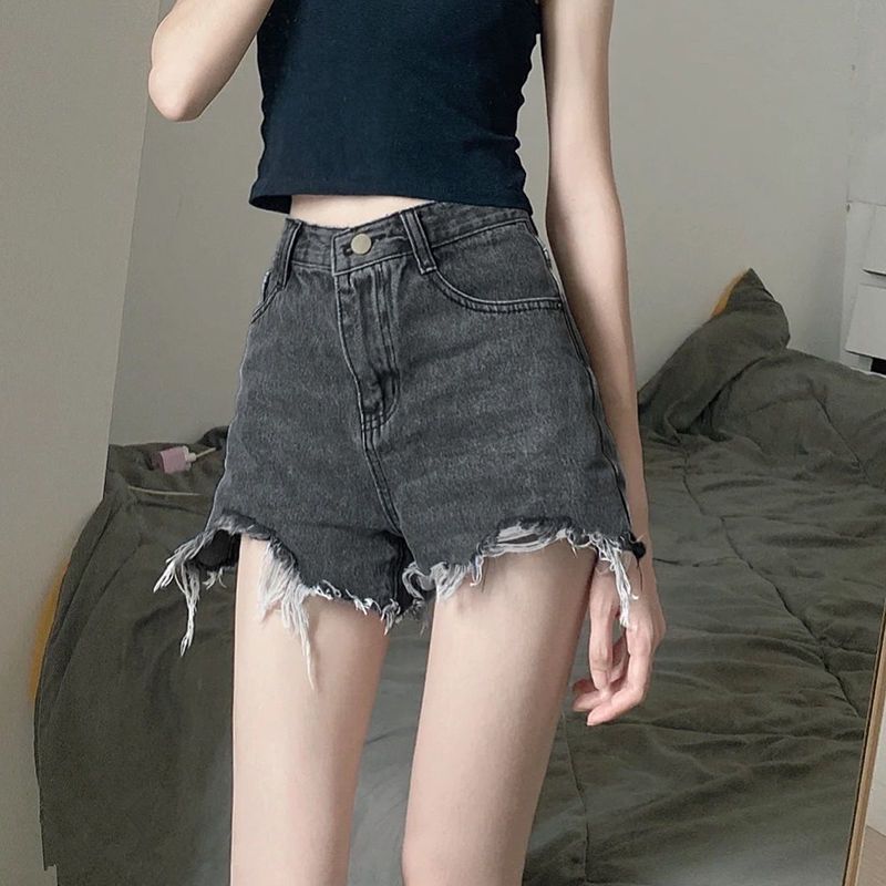 2025 new denim shorts with frayed edges and holes for women,oversized loose and thin,wide leg slimming straight leg A-line hot pants,Trendy in Nairobi:Chic High-Waist Denim Shorts with Frayed Edges
