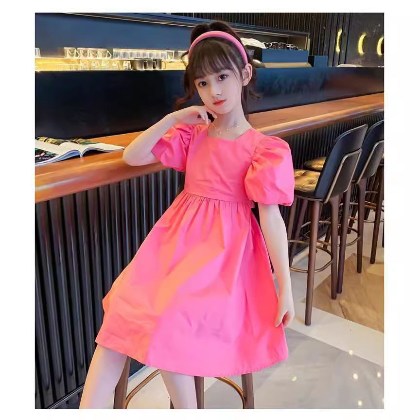 New girls' dress,lantern short sleeved hot selling Korean version internet famous A-line skirt,stylish medium to long cotton skirt for children,fashionable solid color princess skirt,comfortable