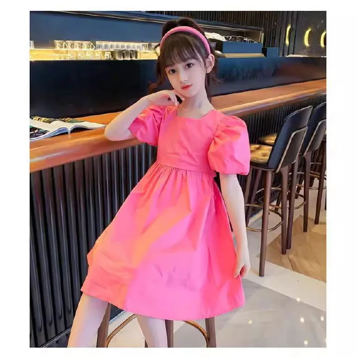 New girls' dress,lantern short sleeved hot selling Korean version internet famous A-line skirt,stylish medium to long cotton skirt for children,fashionable solid color princess skirt,comfortable
