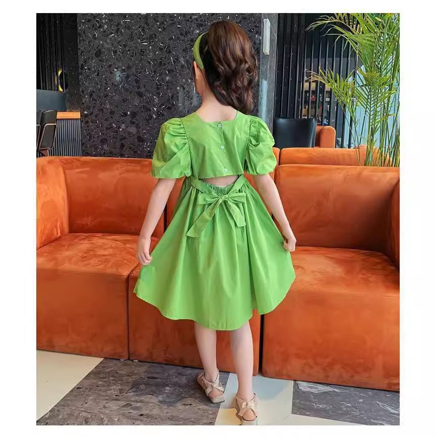 New girls' dress,lantern short sleeved hot selling Korean version internet famous A-line skirt,stylish medium to long cotton skirt for children,fashionable solid color princess skirt,comfortable