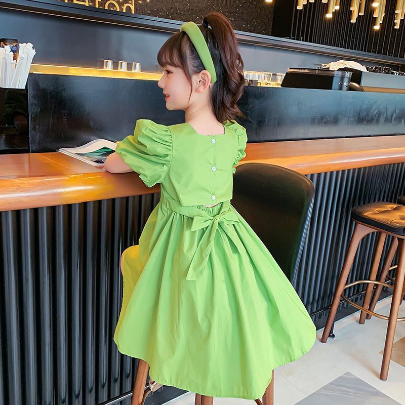 New girls' dress,lantern short sleeved hot selling Korean version internet famous A-line skirt,stylish medium to long cotton skirt for children,fashionable solid color princess skirt,comfortable