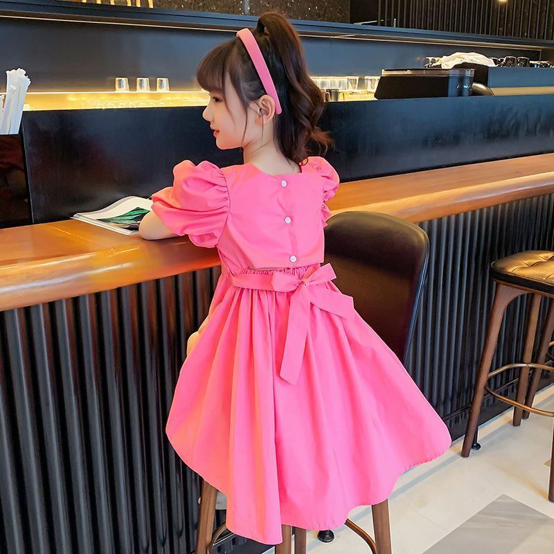 New girls' dress,lantern short sleeved hot selling Korean version internet famous A-line skirt,stylish medium to long cotton skirt for children,fashionable solid color princess skirt,comfortable