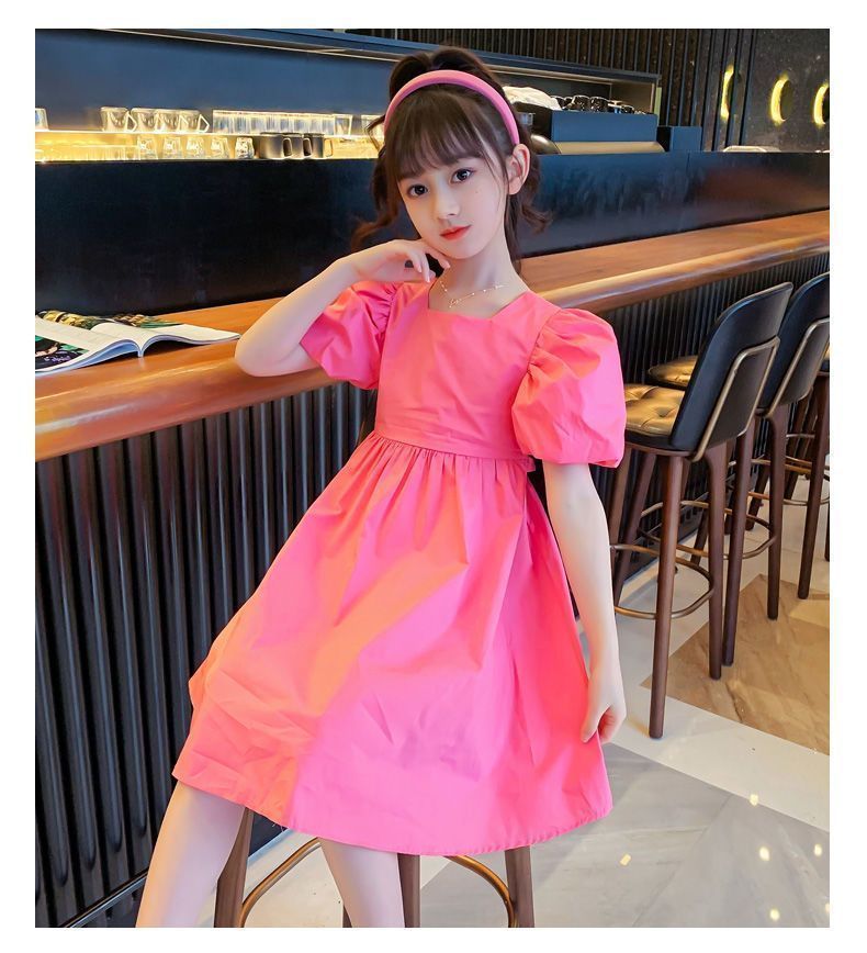 New girls' dress,lantern short sleeved hot selling Korean version internet famous A-line skirt,stylish medium to long cotton skirt for children,fashionable solid color princess skirt,comfortable