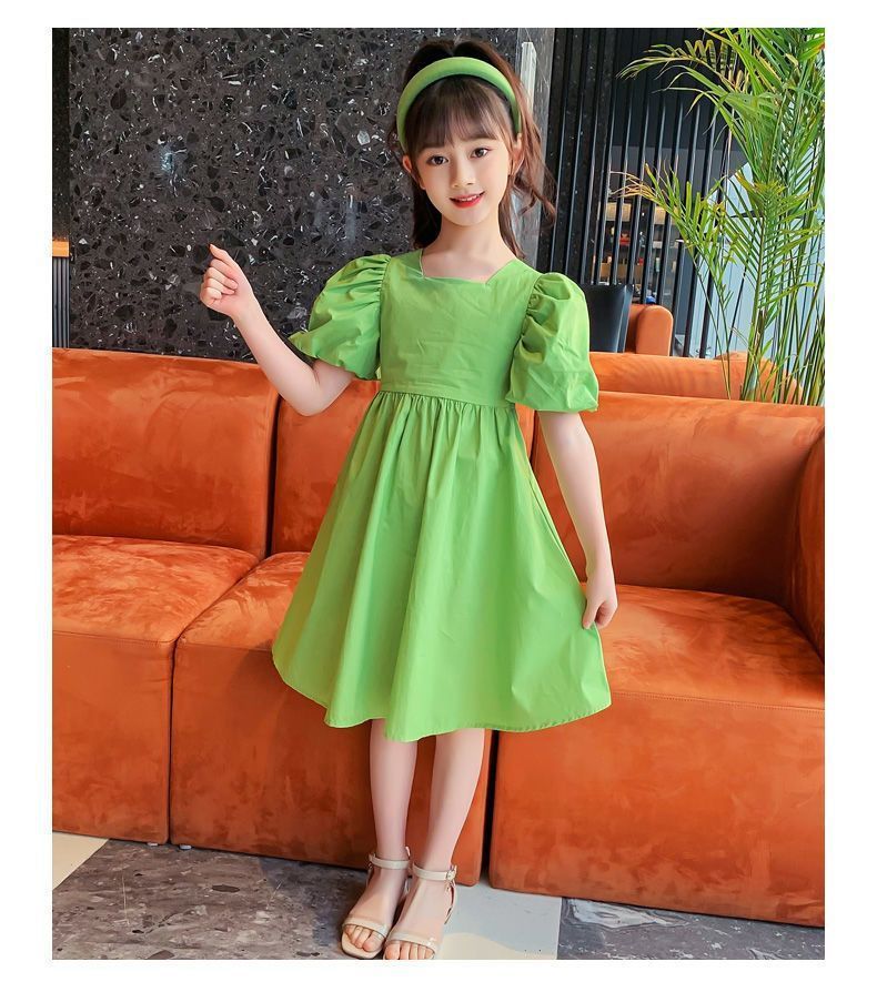 New girls' dress,lantern short sleeved hot selling Korean version internet famous A-line skirt,stylish medium to long cotton skirt for children,fashionable solid color princess skirt,comfortable