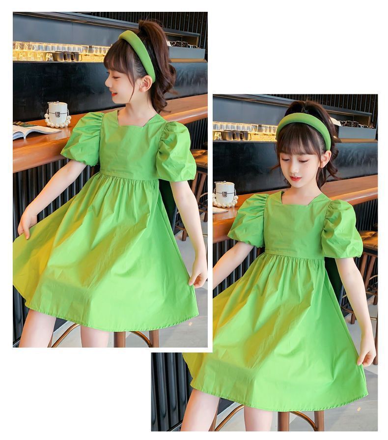 New girls' dress,lantern short sleeved hot selling Korean version internet famous A-line skirt,stylish medium to long cotton skirt for children,fashionable solid color princess skirt,comfortable