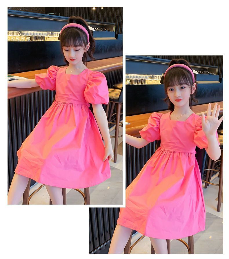 New girls' dress,lantern short sleeved hot selling Korean version internet famous A-line skirt,stylish medium to long cotton skirt for children,fashionable solid color princess skirt,comfortable