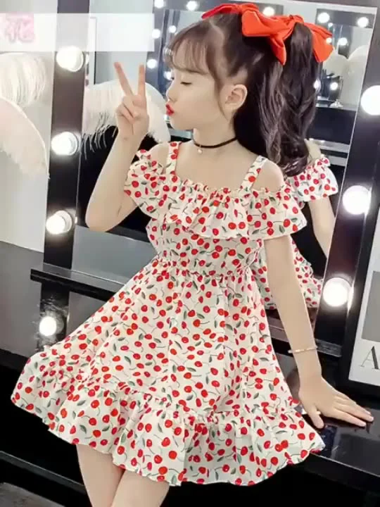 2025 new girls' dress, hot selling medium to large children's floral dress, cherry print off shoulder princess dress, cute and explosive 👗， Sweet cherry floral camisole dress, super eye-catching ✨