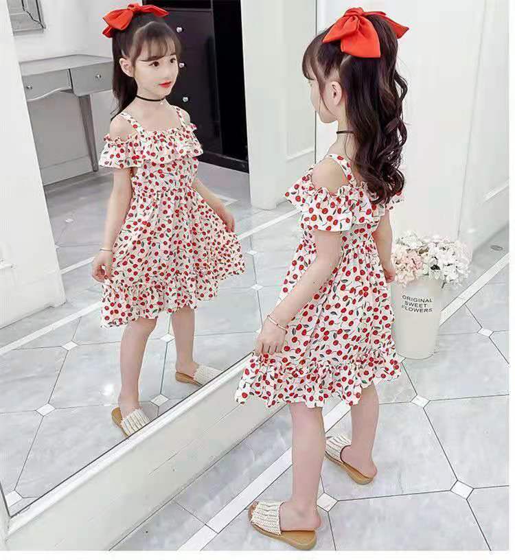 2025 new girls' dress, hot selling medium to large children's floral dress, cherry print off shoulder princess dress, cute and explosive 👗， Sweet cherry floral camisole dress, super eye-catching ✨