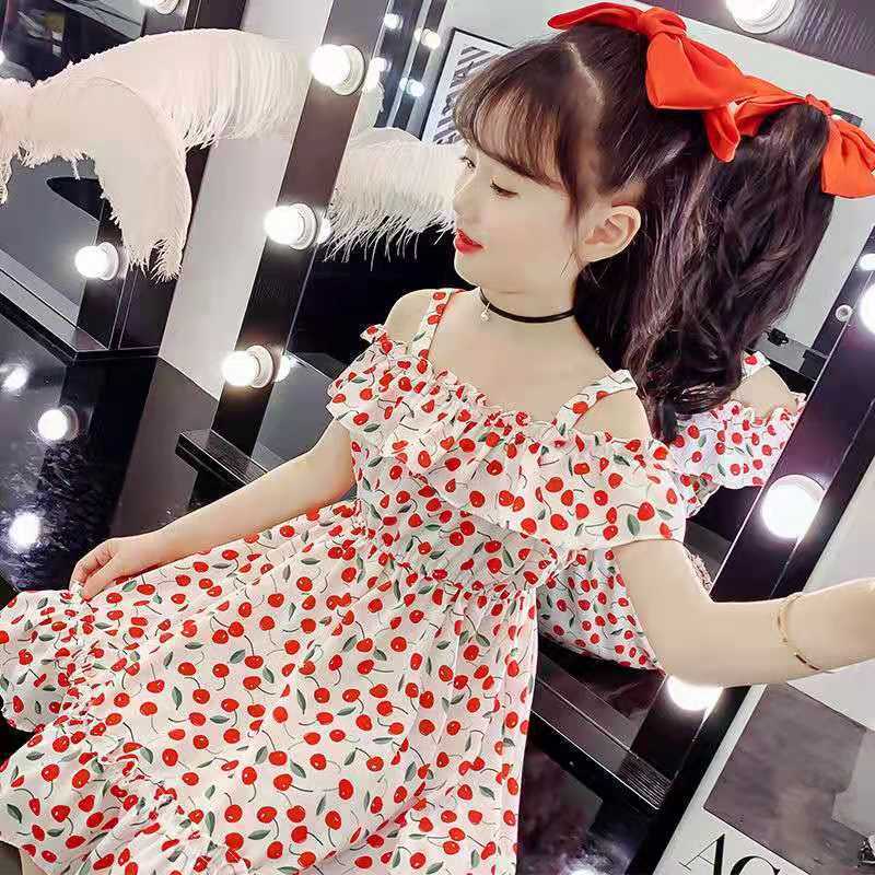 2025 new girls' dress, hot selling medium to large children's floral dress, cherry print off shoulder princess dress, cute and explosive 👗， Sweet cherry floral camisole dress, super eye-catching ✨