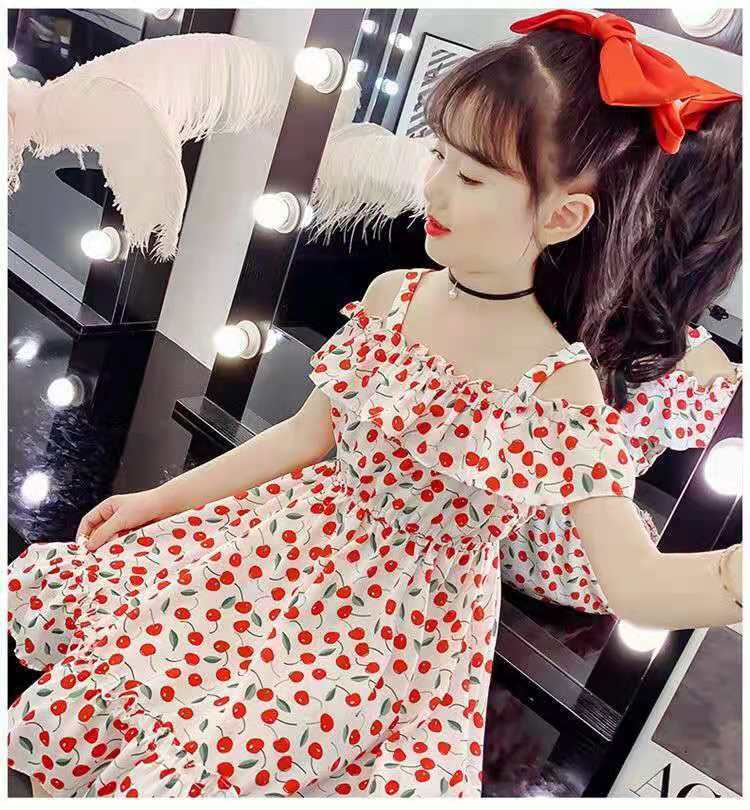 2025 new girls' dress, hot selling medium to large children's floral dress, cherry print off shoulder princess dress, cute and explosive 👗， Sweet cherry floral camisole dress, super eye-catching ✨
