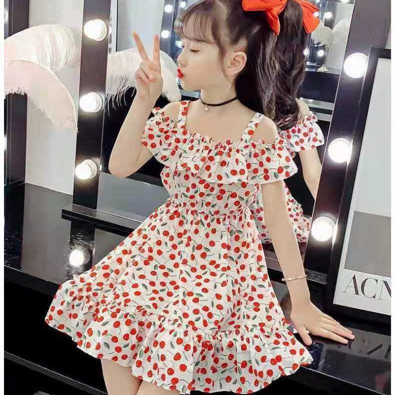 2025 new girls' dress, hot selling medium to large children's floral dress, cherry print off shoulder princess dress, cute and explosive 👗， Sweet cherry floral camisole dress, super eye-catching ✨