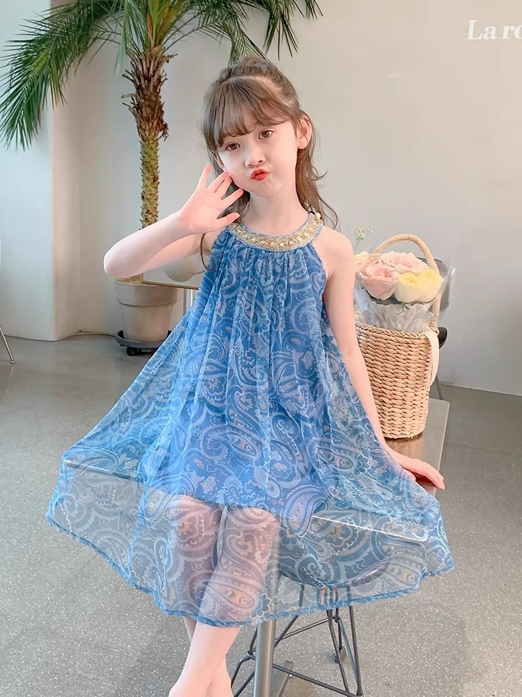 2025 New Girls' Dress,Hot Selling Thin Yarn Skirt Strap Skirt,Children's Summer Princess Skirt,Elegant Blue Chiffon Girls' Beaded Collar Dress,Soft and Comfortable Fabric,Best Choice for Small Fashion