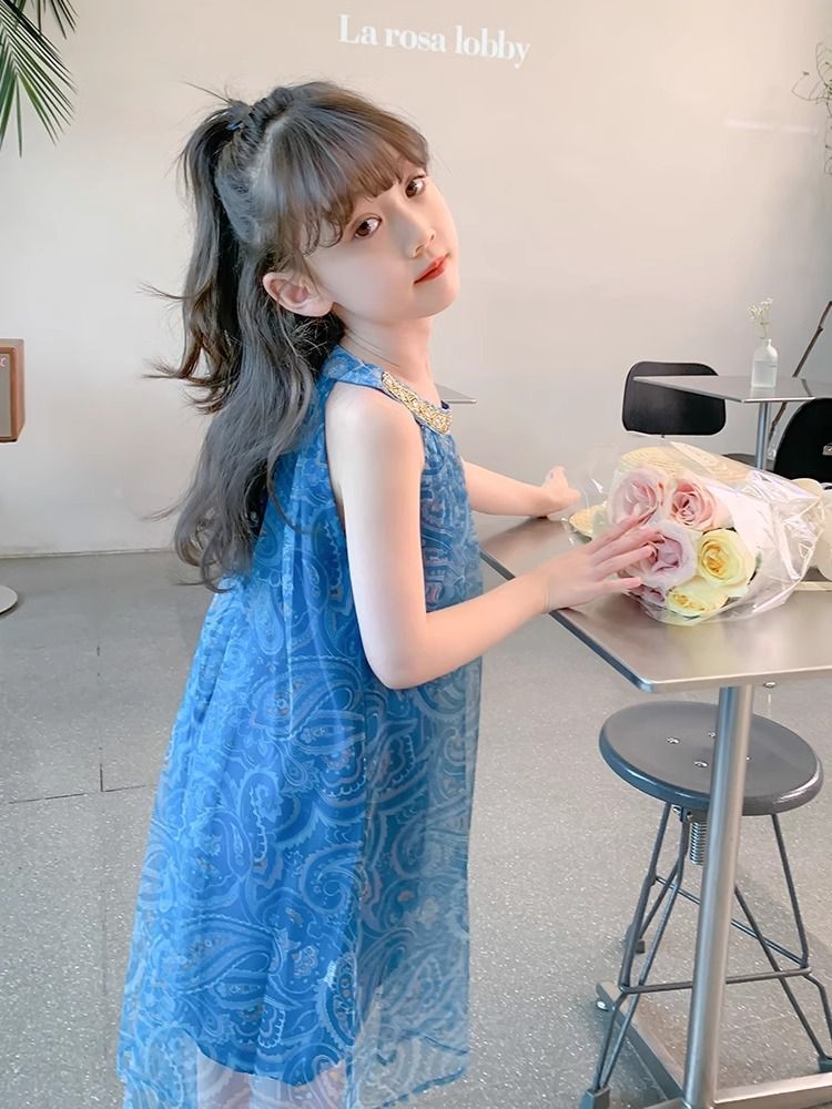 2025 New Girls' Dress,Hot Selling Thin Yarn Skirt Strap Skirt,Children's Summer Princess Skirt,Elegant Blue Chiffon Girls' Beaded Collar Dress,Soft and Comfortable Fabric,Best Choice for Small Fashion