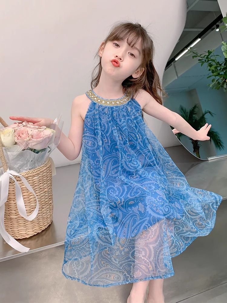 2025 New Girls' Dress,Hot Selling Thin Yarn Skirt Strap Skirt,Children's Summer Princess Skirt,Elegant Blue Chiffon Girls' Beaded Collar Dress,Soft and Comfortable Fabric,Best Choice for Small Fashion