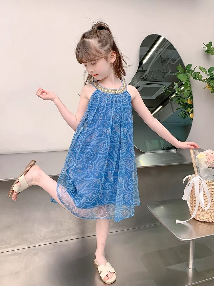 2025 New Girls' Dress,Hot Selling Thin Yarn Skirt Strap Skirt,Children's Summer Princess Skirt,Elegant Blue Chiffon Girls' Beaded Collar Dress,Soft and Comfortable Fabric,Best Choice for Small Fashion