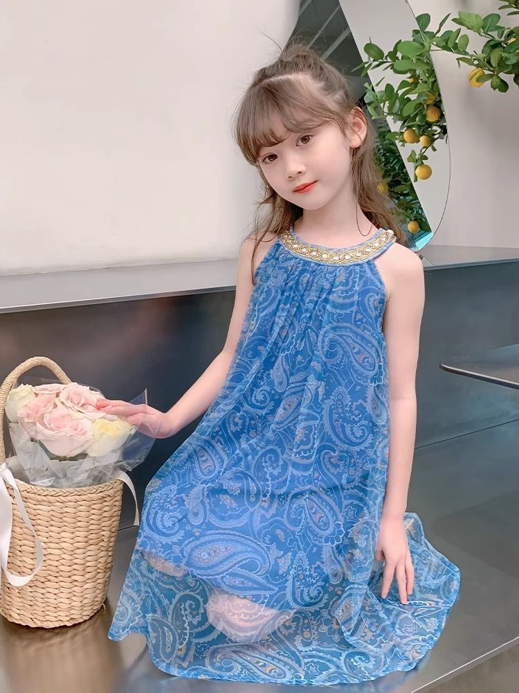 2025 New Girls' Dress,Hot Selling Thin Yarn Skirt Strap Skirt,Children's Summer Princess Skirt,Elegant Blue Chiffon Girls' Beaded Collar Dress,Soft and Comfortable Fabric,Best Choice for Small Fashion