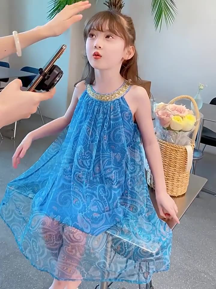 2025 New Girls' Dress,Hot Selling Thin Yarn Skirt Strap Skirt,Children's Summer Princess Skirt,Elegant Blue Chiffon Girls' Beaded Collar Dress,Soft and Comfortable Fabric,Best Choice for Small Fashion