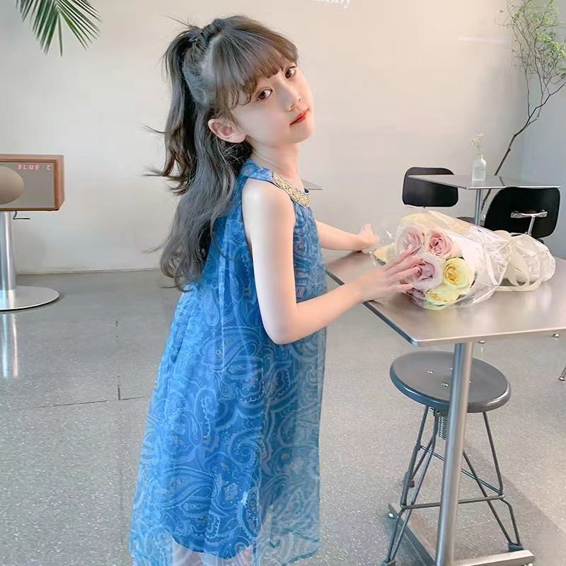 2025 New Girls' Dress,Hot Selling Thin Yarn Skirt Strap Skirt,Children's Summer Princess Skirt,Elegant Blue Chiffon Girls' Beaded Collar Dress,Soft and Comfortable Fabric,Best Choice for Small Fashion
