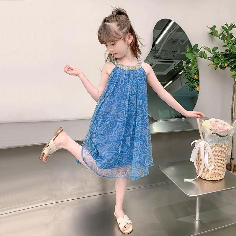 2025 New Girls' Dress,Hot Selling Thin Yarn Skirt Strap Skirt,Children's Summer Princess Skirt,Elegant Blue Chiffon Girls' Beaded Collar Dress,Soft and Comfortable Fabric,Best Choice for Small Fashion