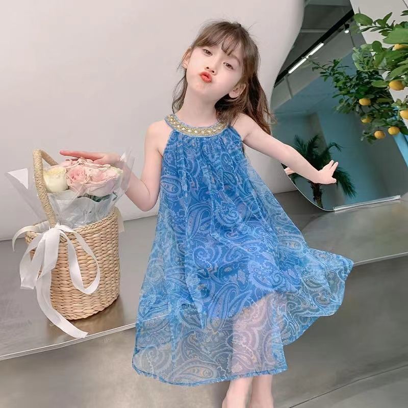 2025 New Girls' Dress,Hot Selling Thin Yarn Skirt Strap Skirt,Children's Summer Princess Skirt,Elegant Blue Chiffon Girls' Beaded Collar Dress,Soft and Comfortable Fabric,Best Choice for Small Fashion