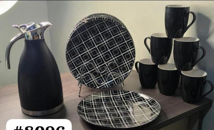 (NEW ARRIVALS)Sundabest 13 pcs Ceramic dinner set 6 plates 6 cups, 2Liter Unbreakable Flask.Quality Chip resistant ceramic material Classic design fit any kitchen style. Microwave and dishwasher safe.