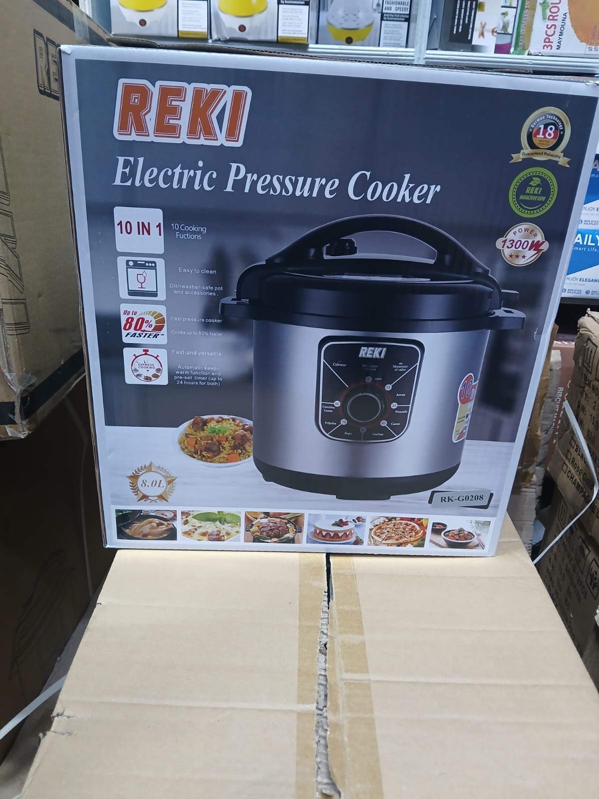 Reki 8l pressure/cooker. Made from high-quality stainless steel, the inner pot is durable, non-stick, and easy to clean.high-powered 1200W heating element ensures quick heat-up times and efficient.