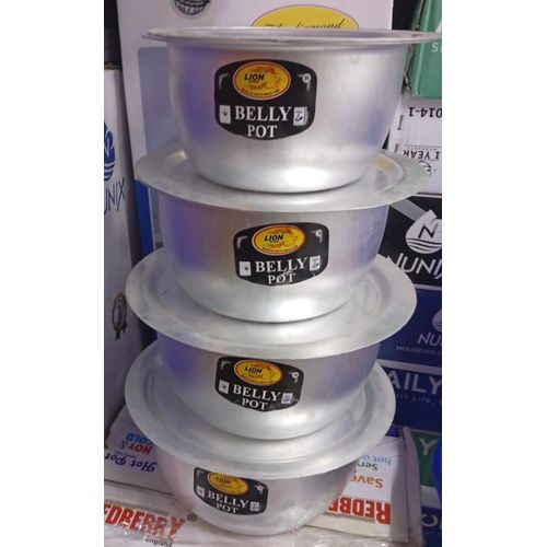 Belly pot sufurias with lids....Set of Small Sized Sufurias
Stainless aluminium offers cooking performance. 
Ideal for open jiko or firewood cooking.
Durable and easy to clean