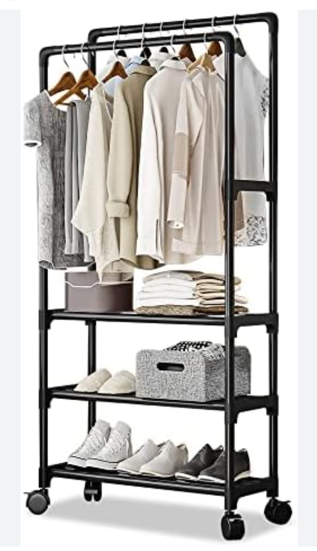🎀Heavy Duty Metal Clothes Rack with Shelves & 8 Hooks – Freestanding Double Rail Garment Organizer📍Double Rail Hanging Space
Easily hang coats, dresses, shirts, and trousers. The top bar is tall eno