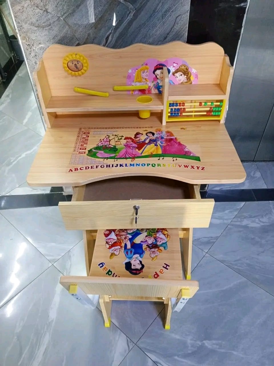 RESTOCKED🔥🔥Kids Study Table and Chair Set Height Adjustable Wooden Baby Desk Table with Chair🔥🔥Fully Laminated Graphics and Pictures in Both Table and Chair include Table Top, Head of Top, Chair S