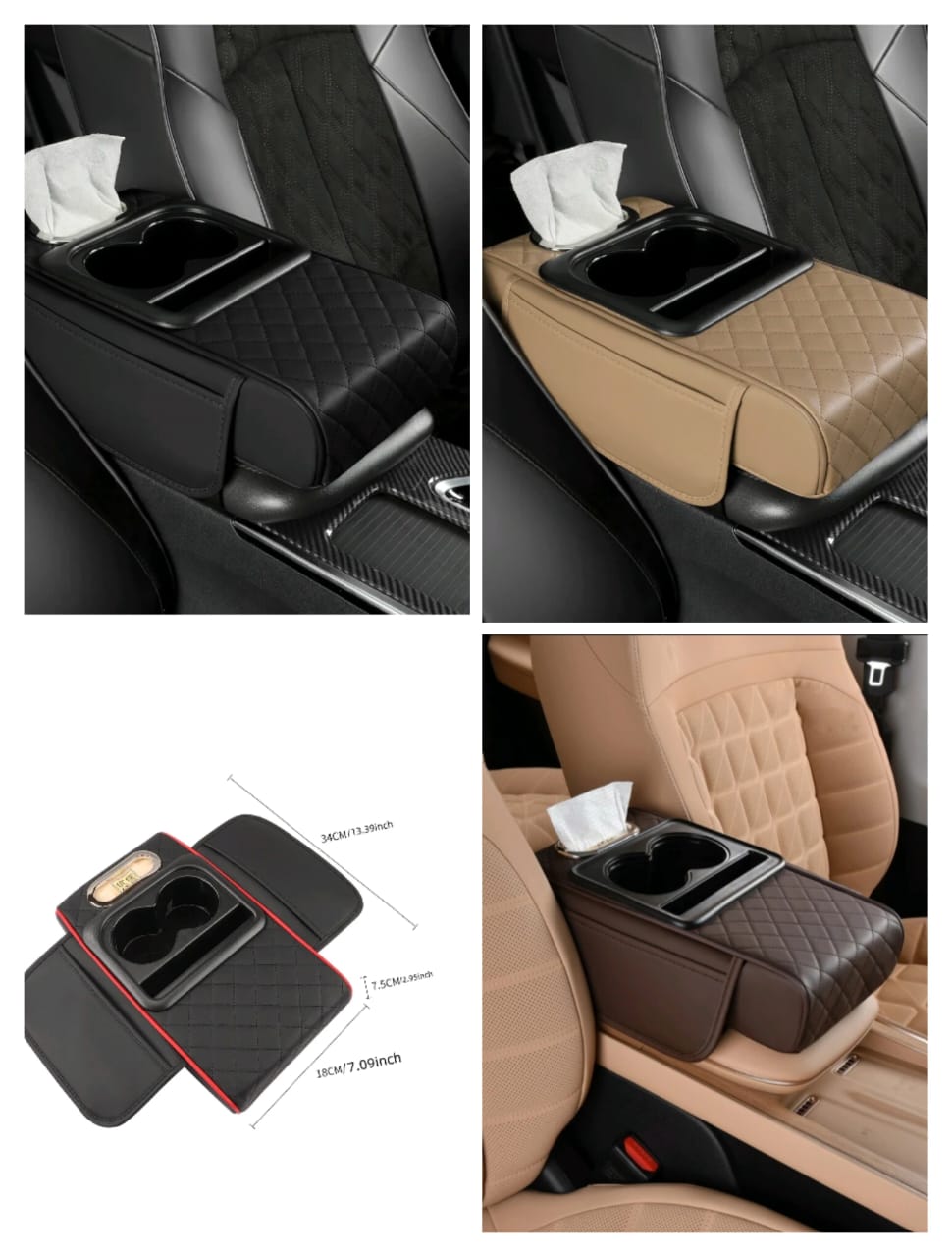 ♥️ NEW Design Auto center console armrest cushion with 2 cups holder,tissue holder,side storage 
❤️*3 in 1 multipurpose* 

❤️ Universal car armrest pad 
❤️ Upgraded  pad with side storage organizer 
♥