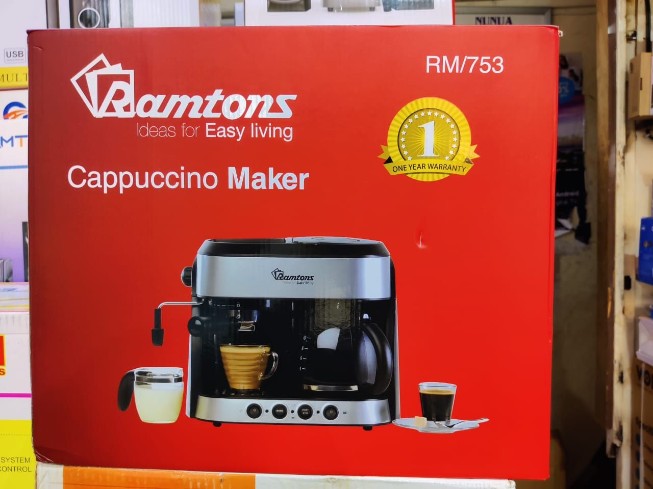SHOP EXPENSIVE🔥SAVE MORE🔥Ramtons Cappuccino Maker RM753 ☀️spacious 1.25L water tank, it can brew up to 10 cups of your favorite coffee, while the die-cast aluminum boiler guarantees even heat distri